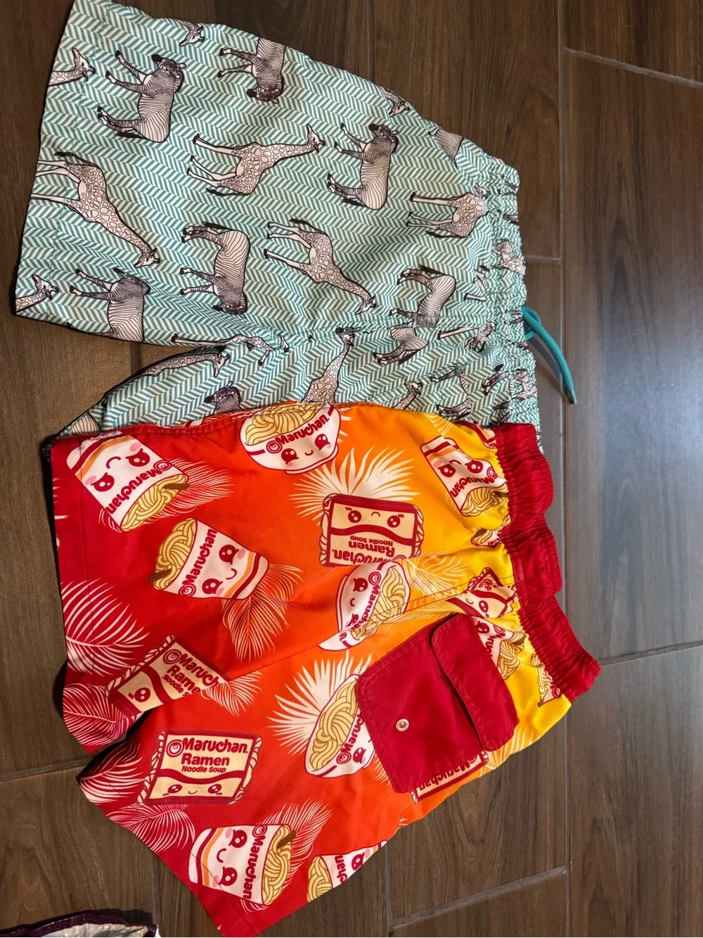 Boys Tropical Ramen Print Swim Trunks - Red/Orange & Teal